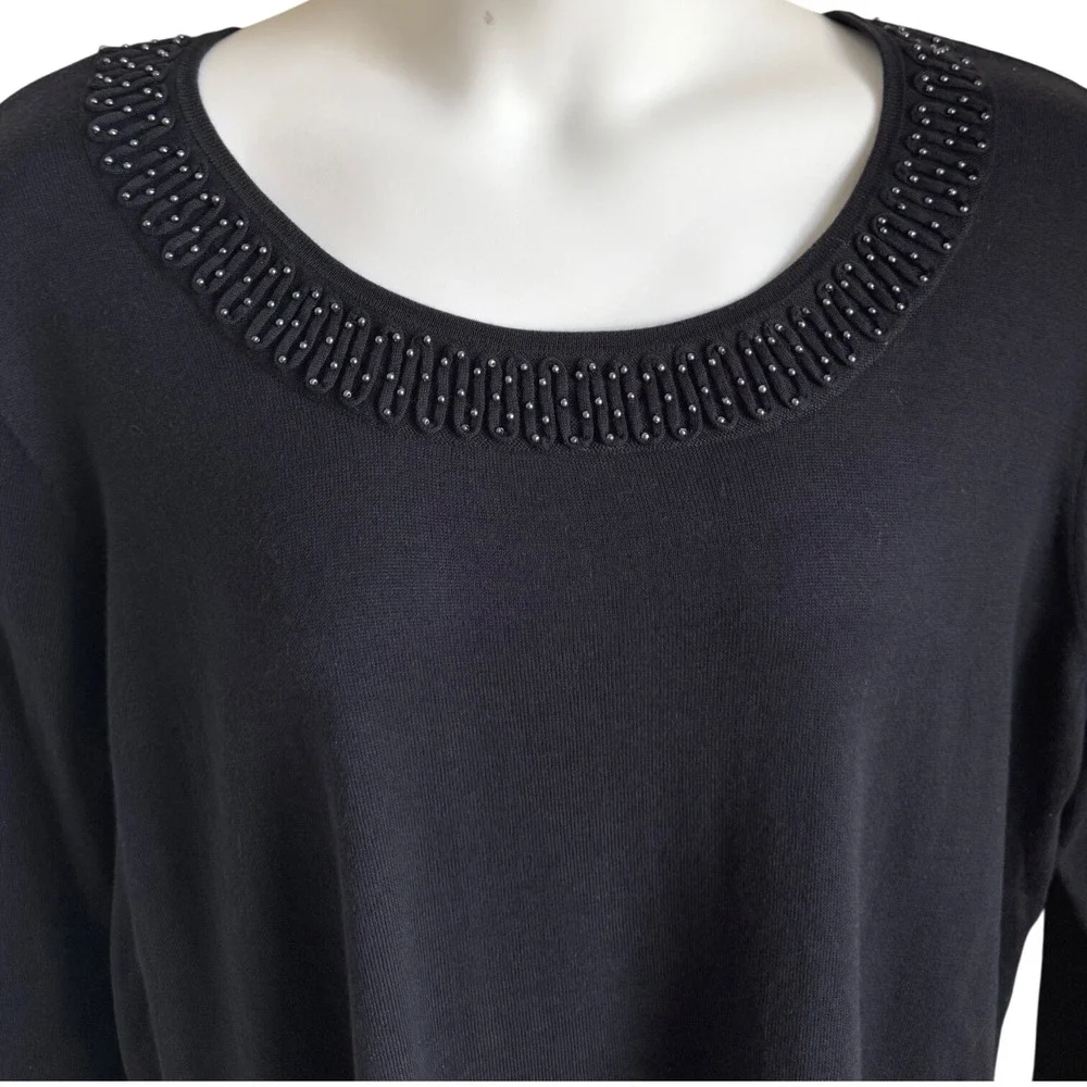Quiet Luxury Black Beaded Neckline Cuff Long Sleeve Top Elegant‎ Minimalist 2X - Picture 3 of 6
